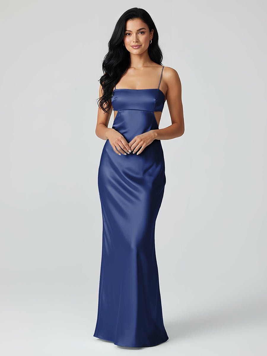 Spaghetti Straps Sheath Aqua Blue Evening Dress Formal Satin Party Dress - Curvevia
