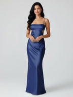 Spaghetti Straps Sheath Aqua Blue Evening Dress Formal Satin Party Dress - Curvevia