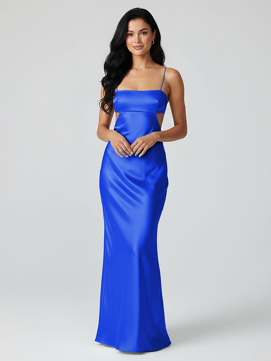 Spaghetti Straps Sheath Aqua Blue Evening Dress Formal Satin Party Dress - Curvevia