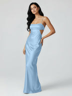 Spaghetti Straps Sheath Aqua Blue Evening Dress Formal Satin Party Dress - Curvevia