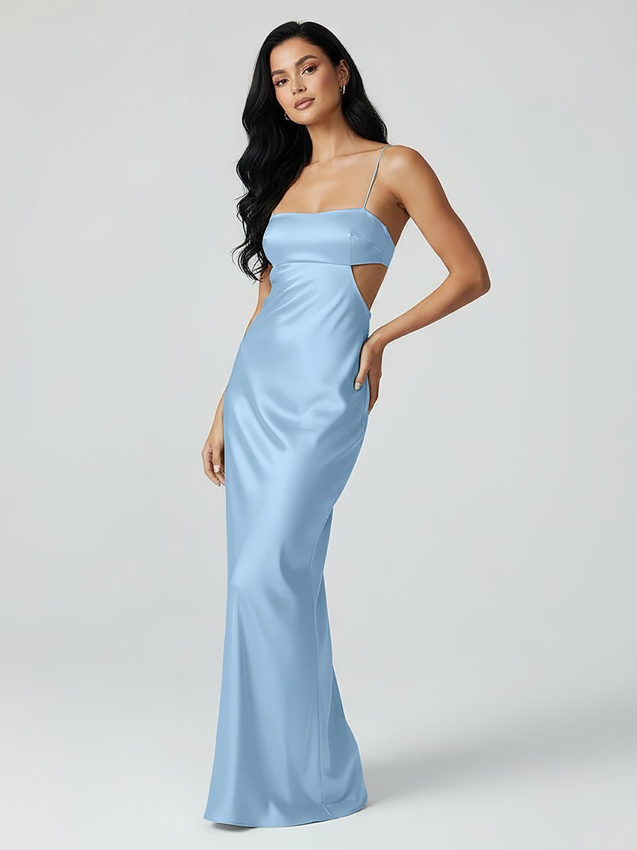 Spaghetti Straps Sheath Aqua Blue Evening Dress Formal Satin Party Dress - Curvevia