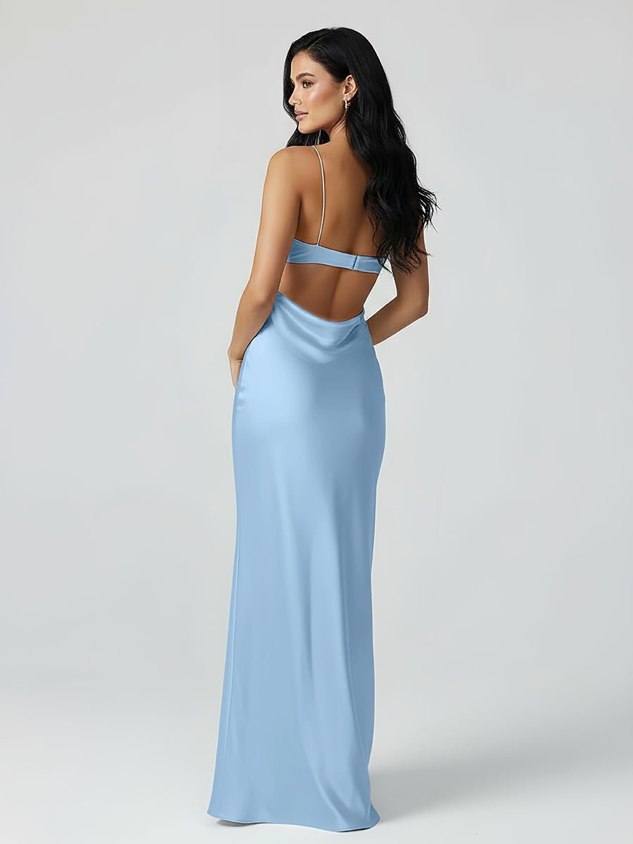 Spaghetti Straps Sheath Aqua Blue Evening Dress Formal Satin Party Dress - Curvevia