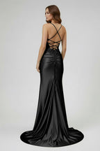 Sage Spaghetti Straps Satin Mermaid Long Evening Dress with Slit - Curvevia