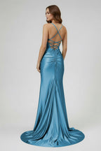 Sage Spaghetti Straps Satin Mermaid Long Evening Dress with Slit - Curvevia