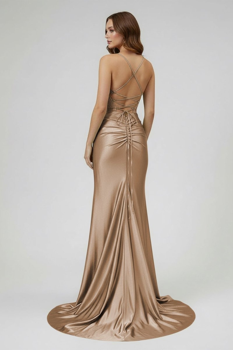 Sage Spaghetti Straps Satin Mermaid Long Evening Dress with Slit - Curvevia