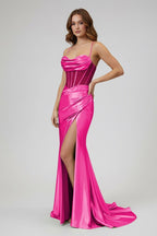 Sage Spaghetti Straps Satin Mermaid Long Evening Dress with Slit - Curvevia