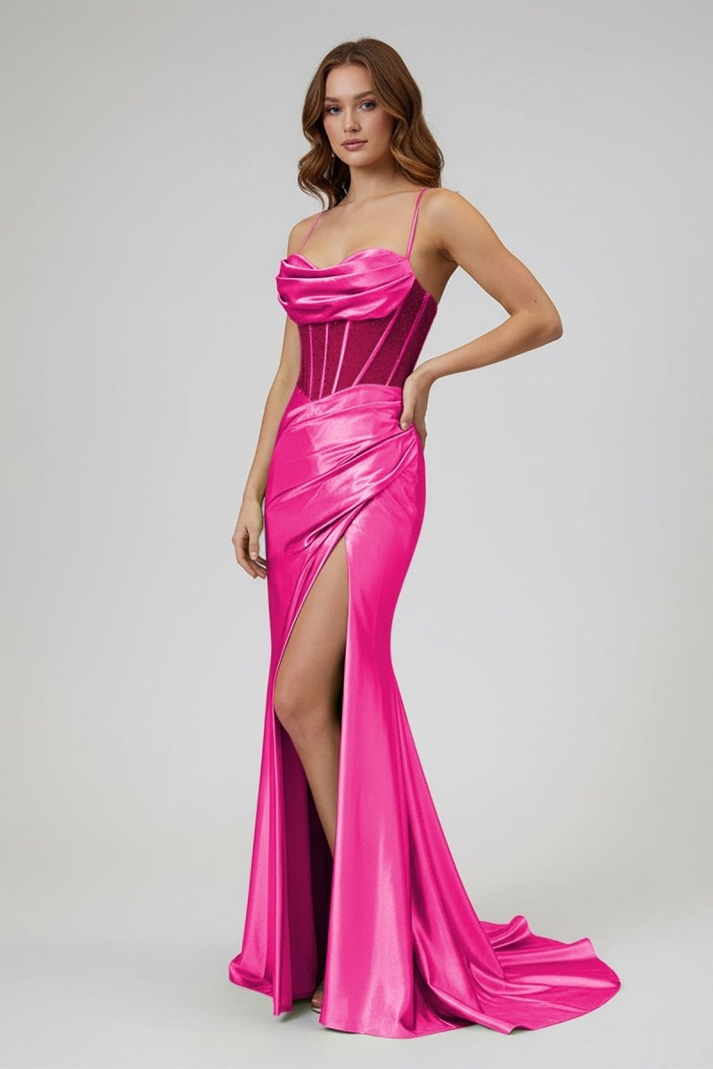 Sage Spaghetti Straps Satin Mermaid Long Evening Dress with Slit - Curvevia