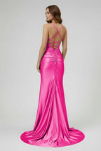 Sage Spaghetti Straps Satin Mermaid Long Evening Dress with Slit - Curvevia
