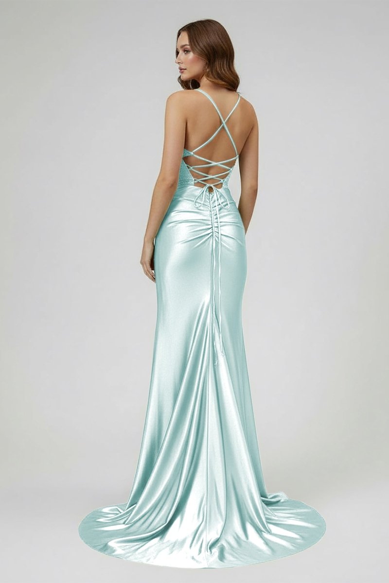 Sage Spaghetti Straps Satin Mermaid Long Evening Dress with Slit - Curvevia