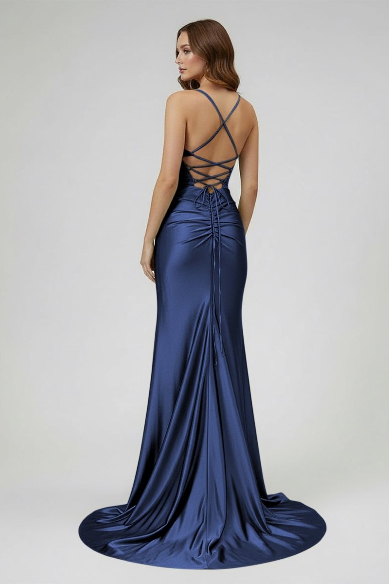 Sage Spaghetti Straps Satin Mermaid Long Evening Dress with Slit - Curvevia