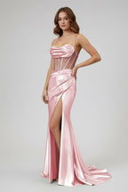 Sage Spaghetti Straps Satin Mermaid Long Evening Dress with Slit - Curvevia