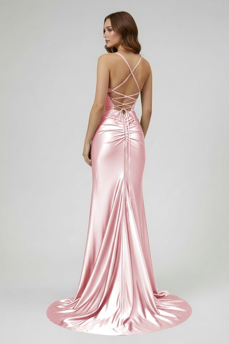 Sage Spaghetti Straps Satin Mermaid Long Evening Dress with Slit - Curvevia