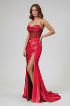 Sage Spaghetti Straps Satin Mermaid Long Evening Dress with Slit - Curvevia