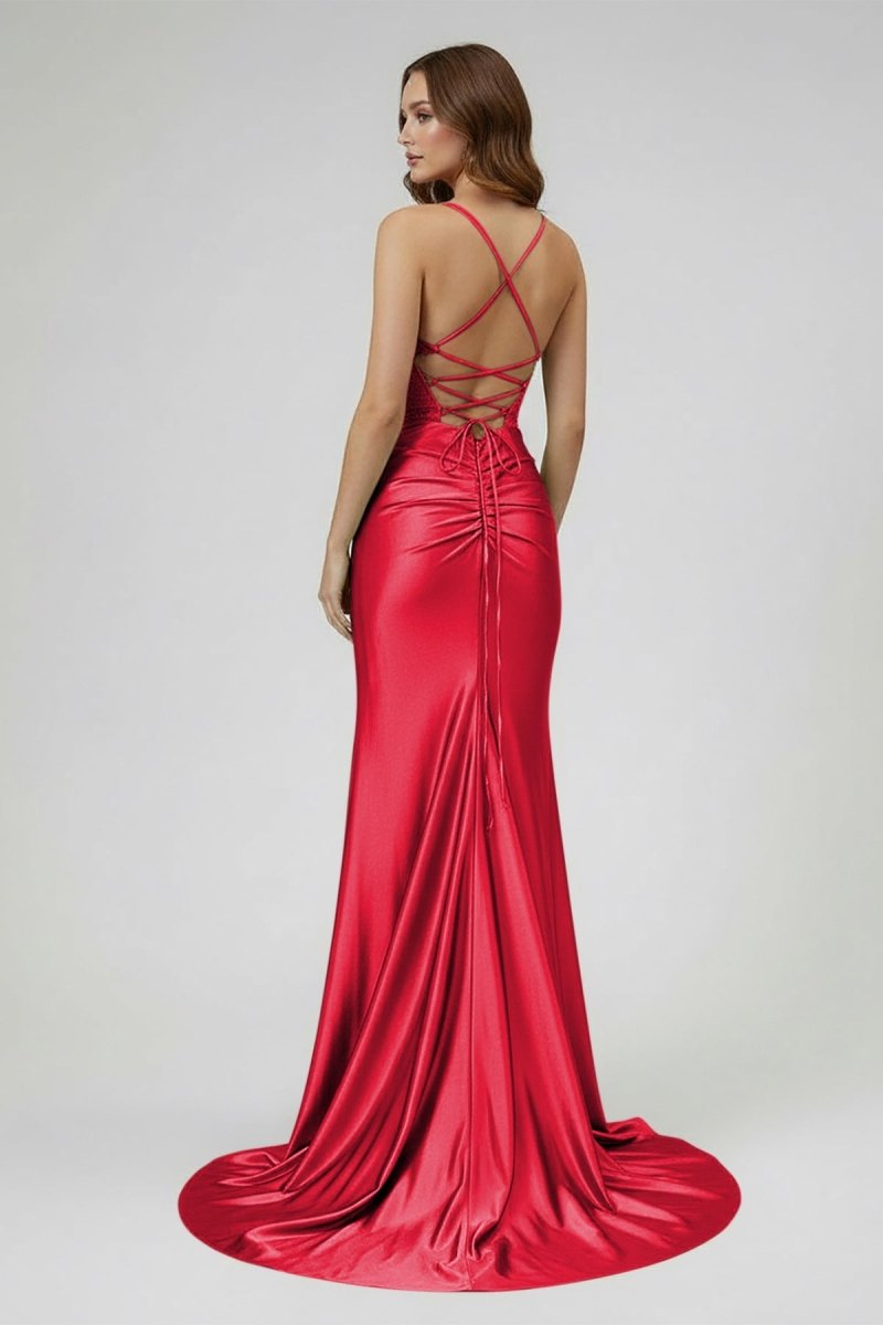 Sage Spaghetti Straps Satin Mermaid Long Evening Dress with Slit - Curvevia
