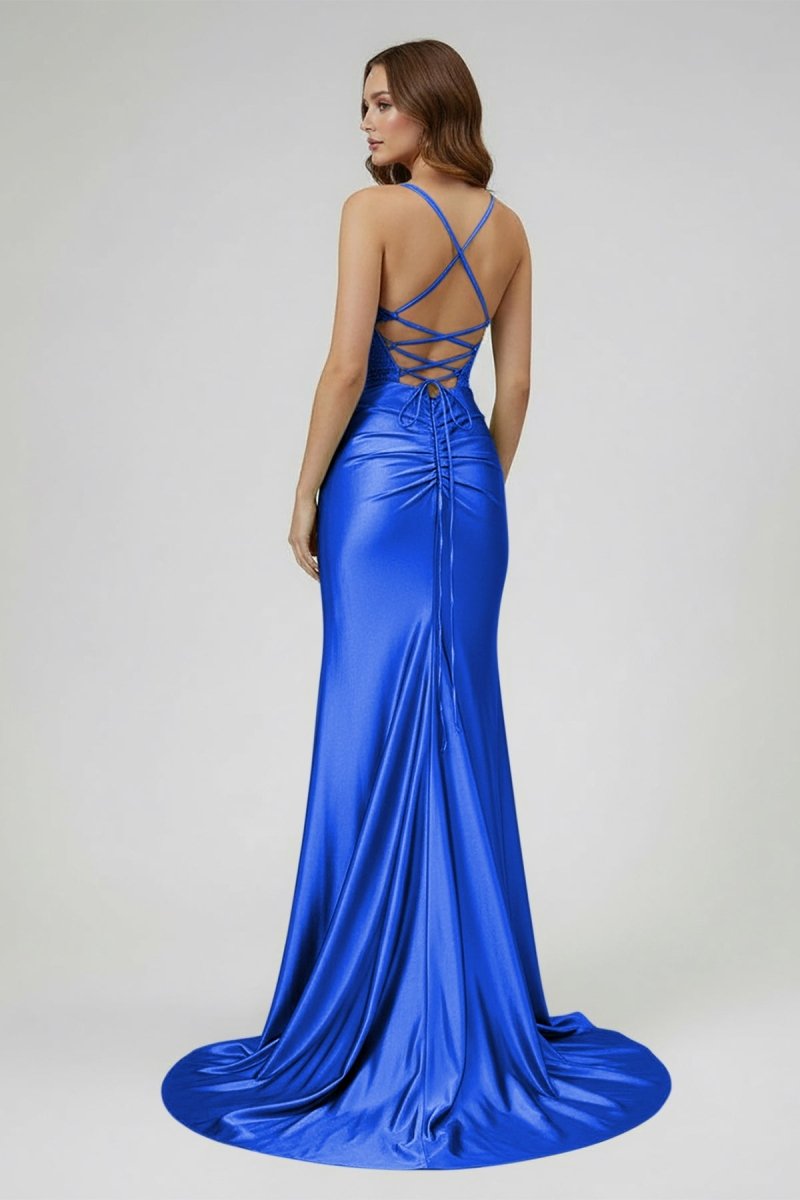 Sage Spaghetti Straps Satin Mermaid Long Evening Dress with Slit - Curvevia