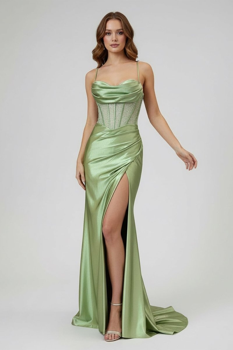 Sage Spaghetti Straps Satin Mermaid Long Evening Dress with Slit - Curvevia