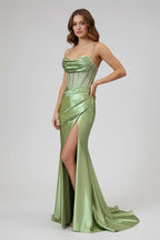 Sage Spaghetti Straps Satin Mermaid Long Evening Dress with Slit - Curvevia