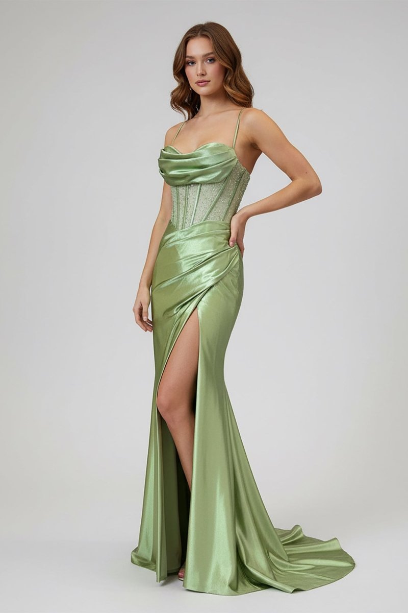 Sage Spaghetti Straps Satin Mermaid Long Evening Dress with Slit - Curvevia