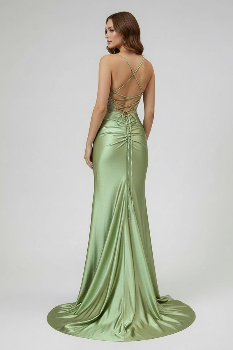 Sage Spaghetti Straps Satin Mermaid Long Evening Dress with Slit - Curvevia