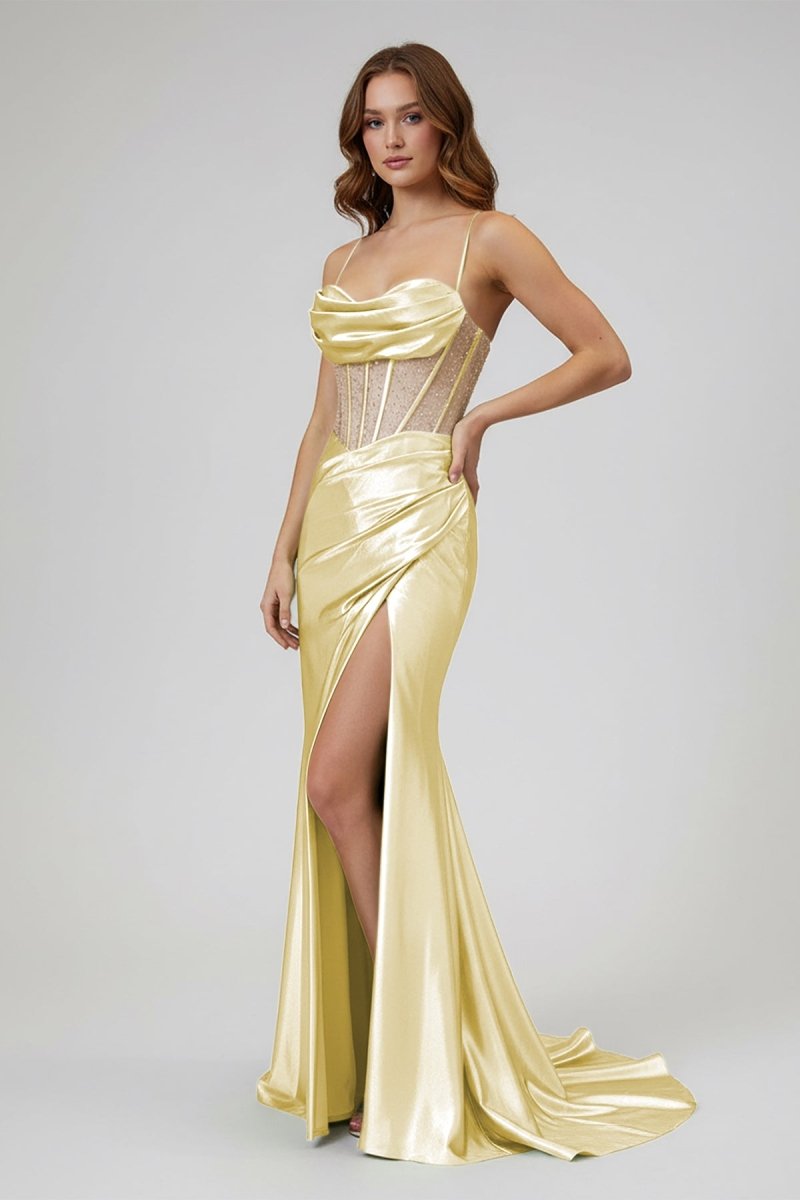 Sage Spaghetti Straps Satin Mermaid Long Evening Dress with Slit - Curvevia
