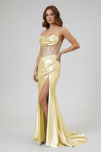 Sage Spaghetti Straps Satin Mermaid Long Evening Dress with Slit - Curvevia