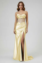 Sage Spaghetti Straps Satin Mermaid Long Evening Dress with Slit - Curvevia