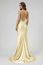 Sage Spaghetti Straps Satin Mermaid Long Evening Dress with Slit - Curvevia