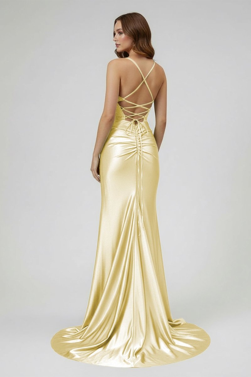 Sage Spaghetti Straps Satin Mermaid Long Evening Dress with Slit - Curvevia