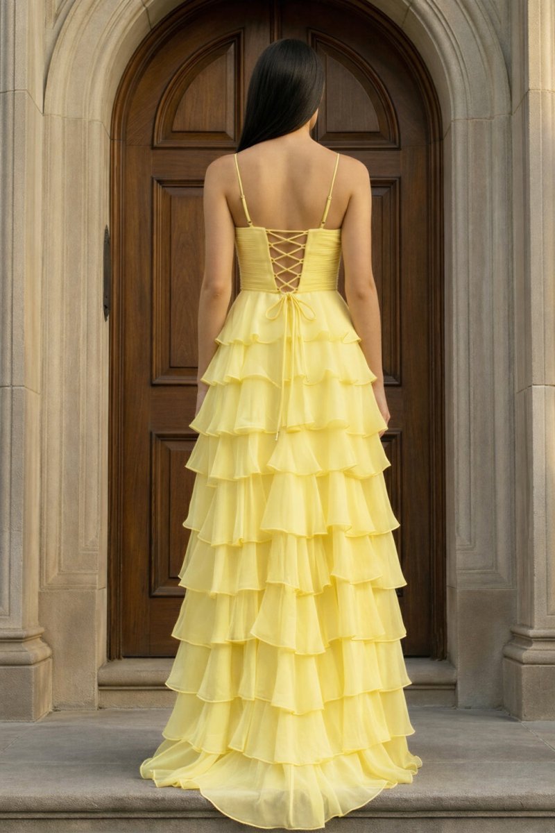 A Line Spaghetti Straps Yellow Long Evening Dress with Ruffles - Curvevia