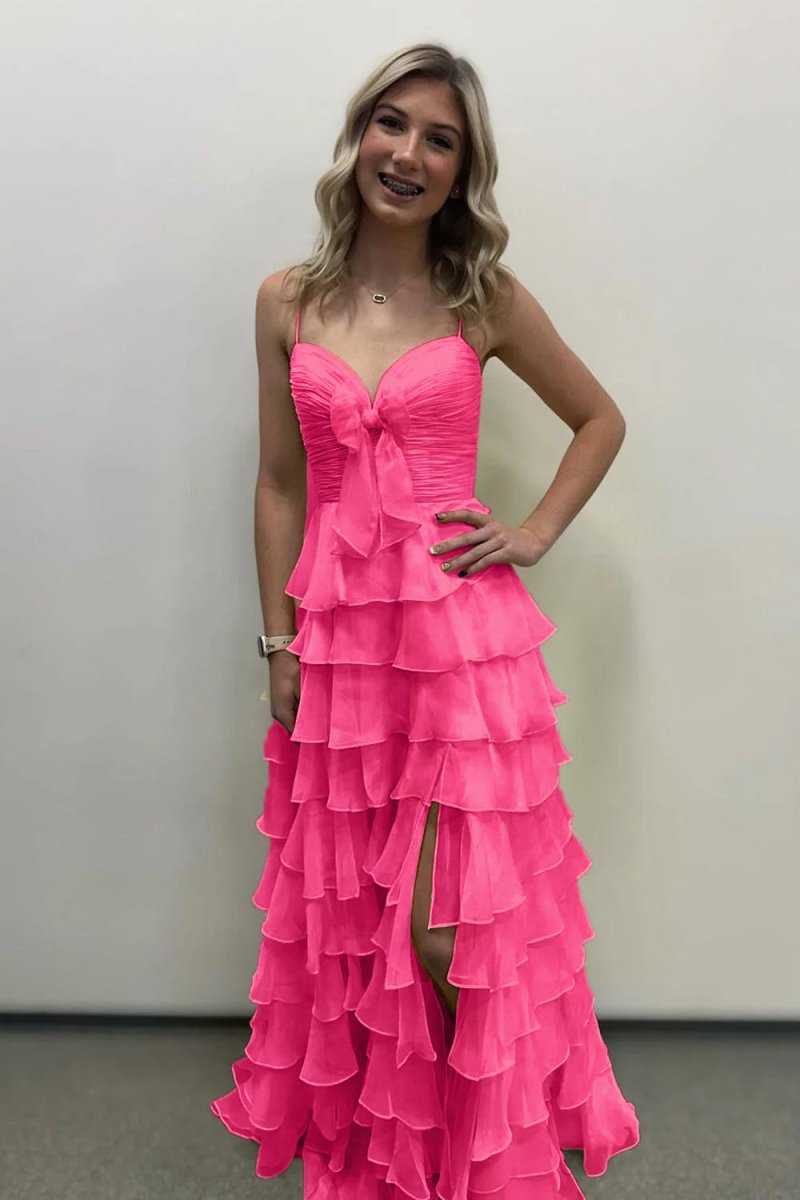 A Line Spaghetti Straps Yellow Long Evening Dress with Ruffles - Curvevia