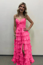 A Line Spaghetti Straps Yellow Long Evening Dress with Ruffles - Curvevia