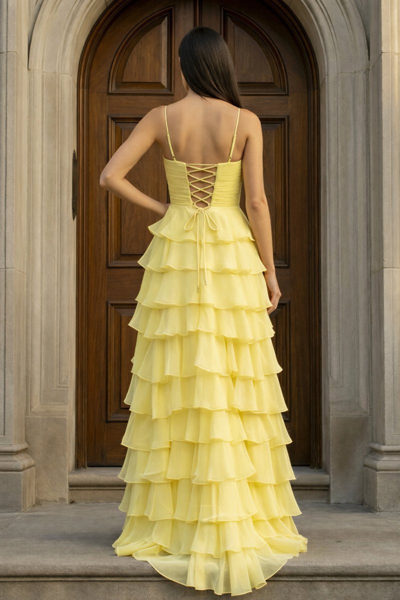 A Line Spaghetti Straps Yellow Long Evening Dress with Ruffles - Curvevia