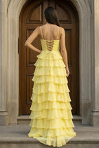 A Line Spaghetti Straps Yellow Long Evening Dress with Ruffles - Curvevia