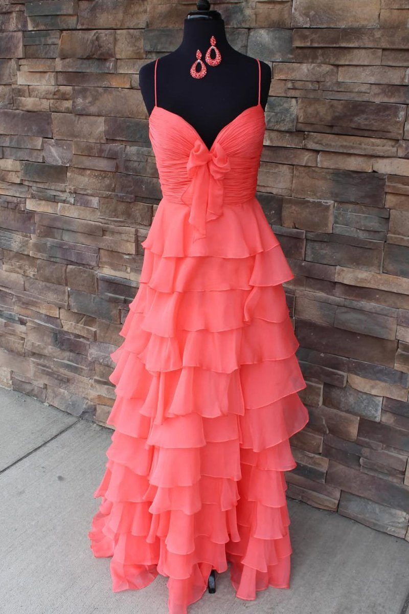 A Line Spaghetti Straps Yellow Long Evening Dress with Ruffles - Curvevia
