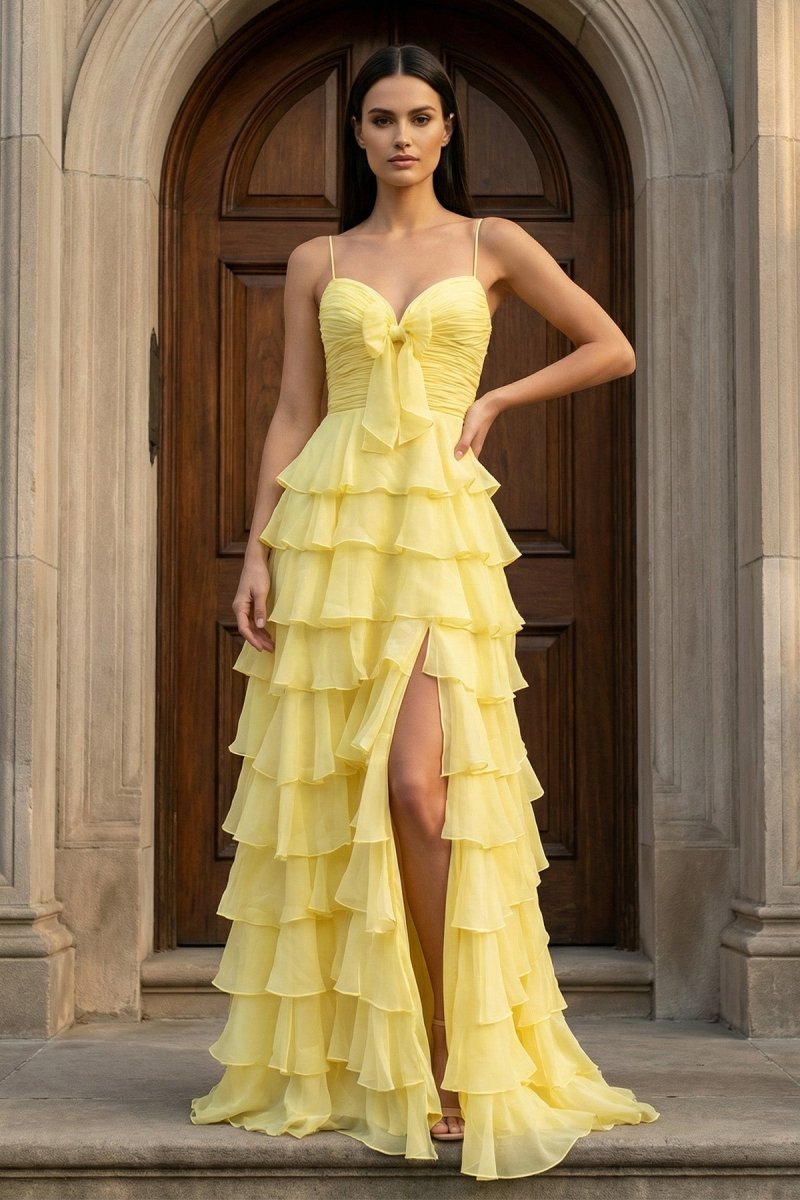A Line Spaghetti Straps Yellow Long Evening Dress with Ruffles - Curvevia