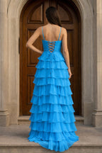 A Line Spaghetti Straps Yellow Long Evening Dress with Ruffles - Curvevia