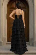 A Line Spaghetti Straps Yellow Long Evening Dress with Ruffles - Curvevia