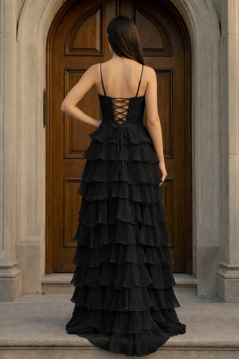 A Line Spaghetti Straps Yellow Long Evening Dress with Ruffles - Curvevia
