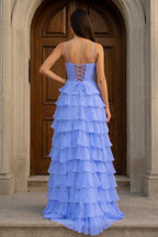 A Line Spaghetti Straps Yellow Long Evening Dress with Ruffles - Curvevia