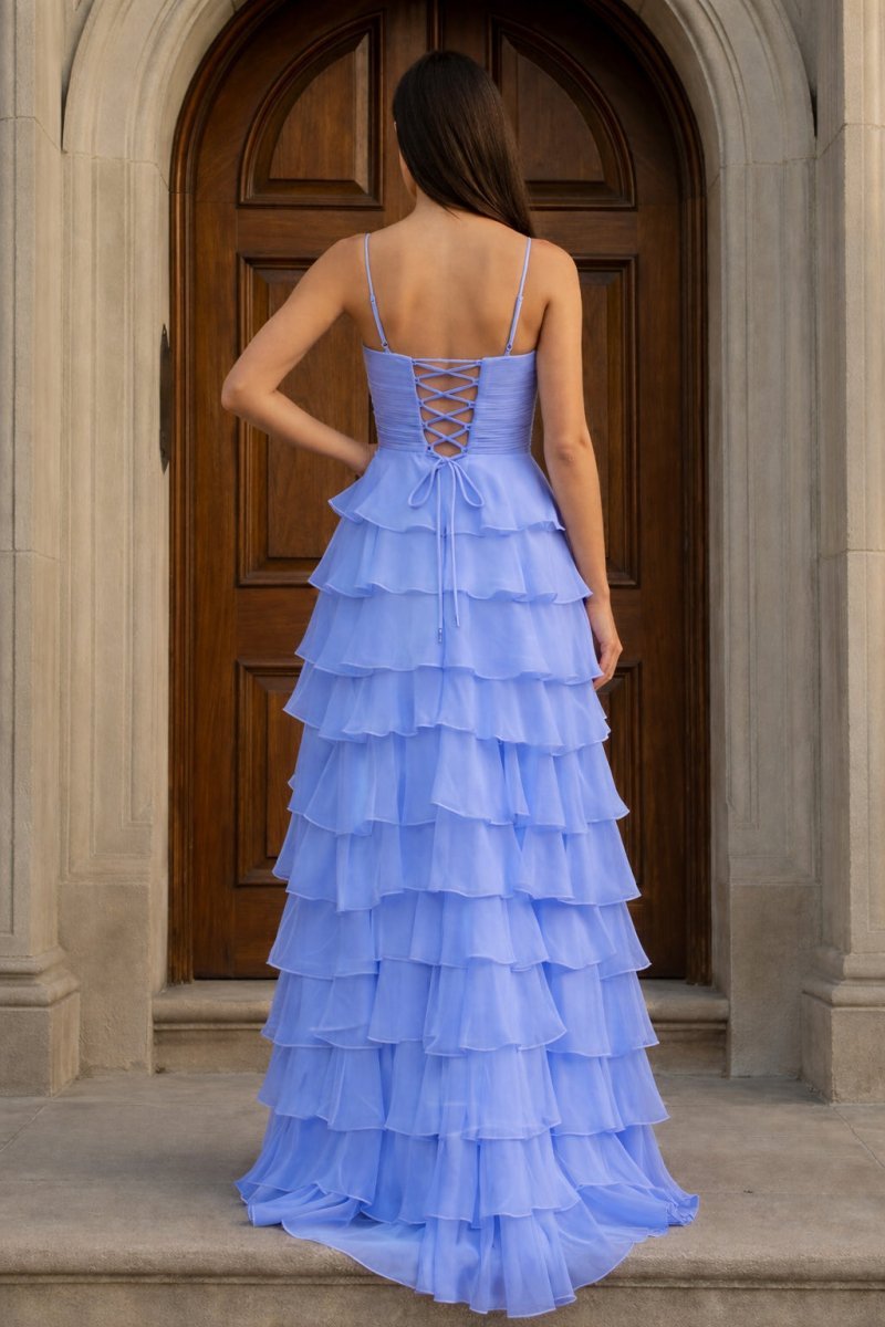 A Line Spaghetti Straps Yellow Long Evening Dress with Ruffles - Curvevia