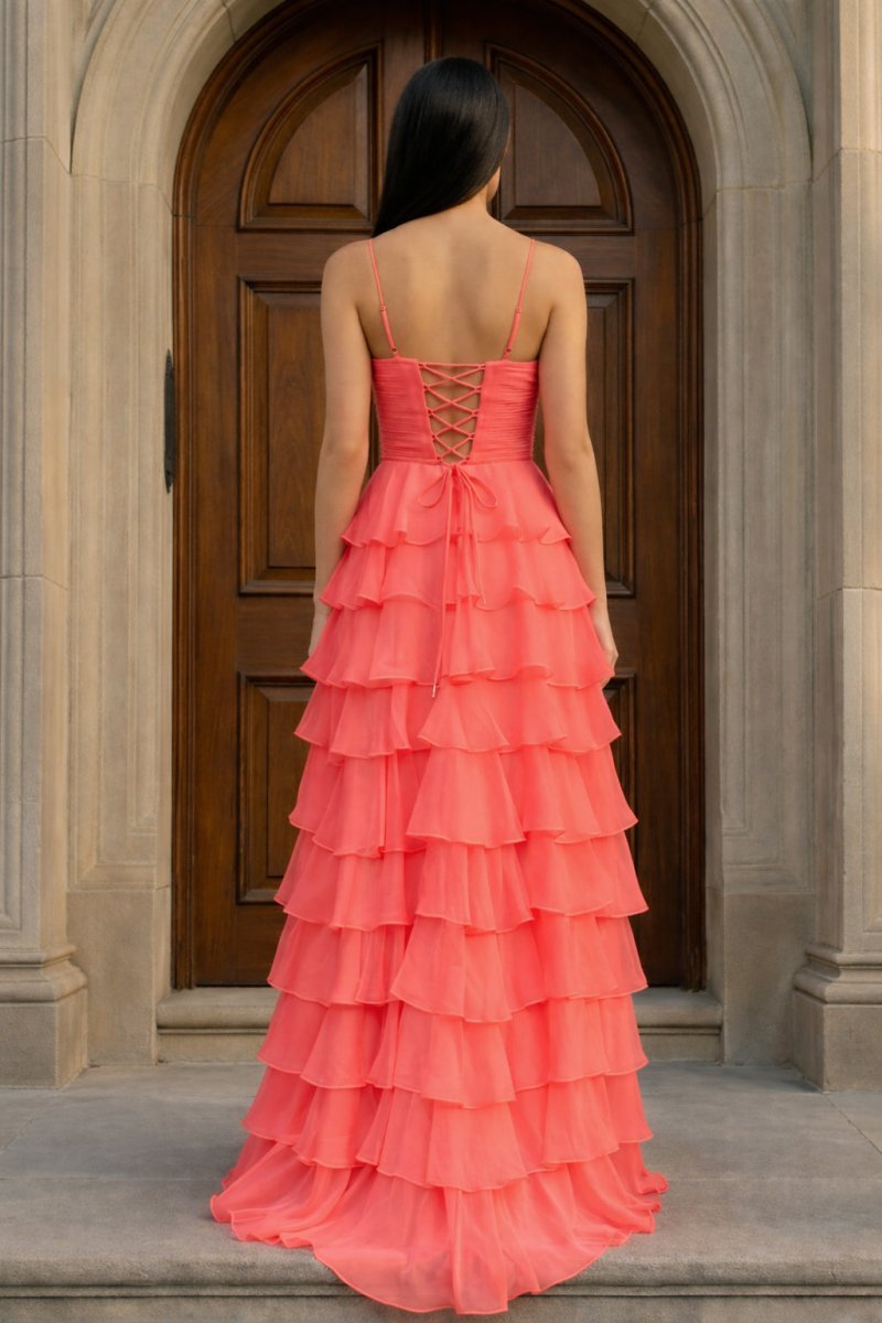 A Line Spaghetti Straps Yellow Long Evening Dress with Ruffles - Curvevia