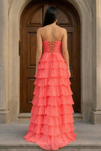 A Line Spaghetti Straps Yellow Long Evening Dress with Ruffles - Curvevia