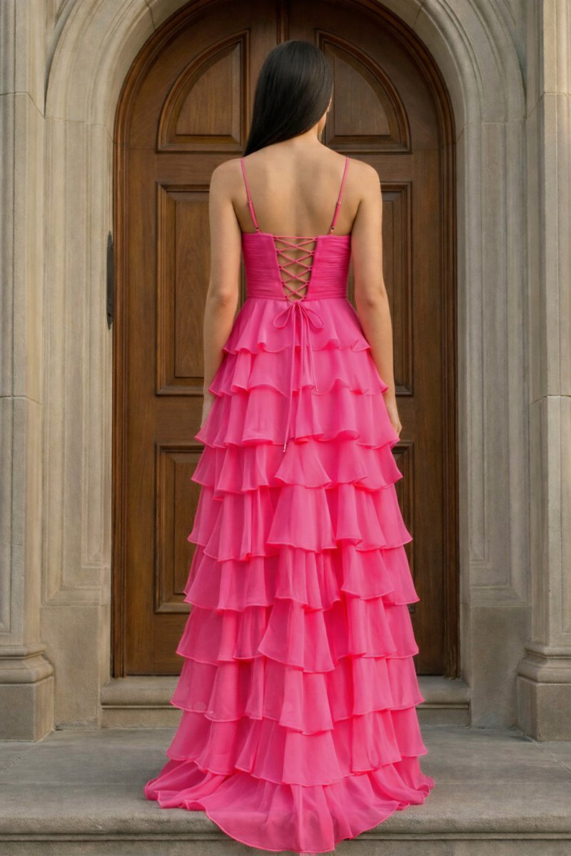 A Line Spaghetti Straps Yellow Long Evening Dress with Ruffles - Curvevia