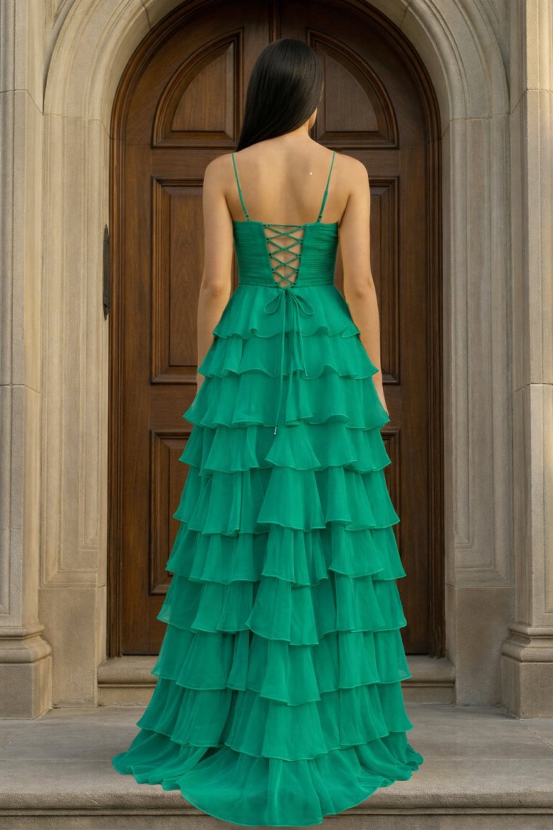 A Line Spaghetti Straps Yellow Long Evening Dress with Ruffles - Curvevia
