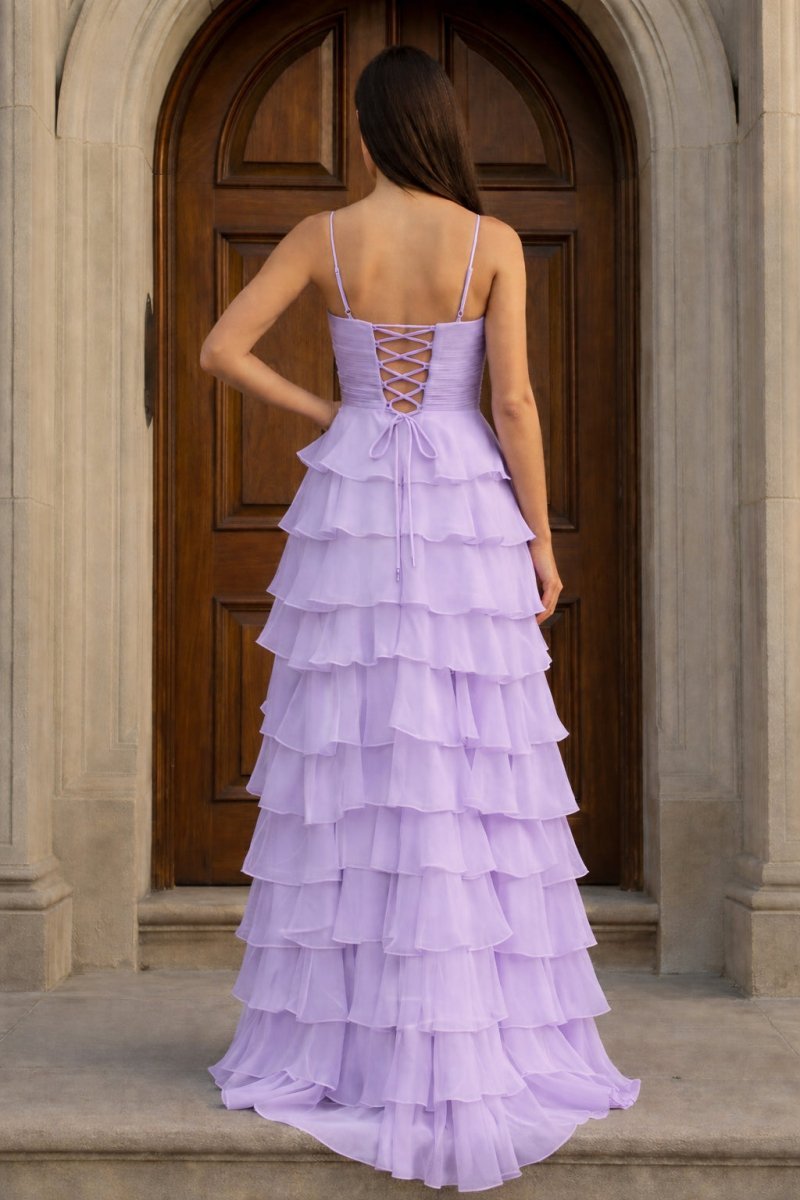 A Line Spaghetti Straps Yellow Long Evening Dress with Ruffles - Curvevia