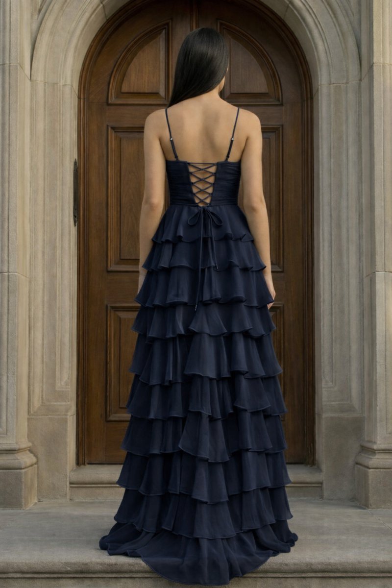 A Line Spaghetti Straps Yellow Long Evening Dress with Ruffles - Curvevia