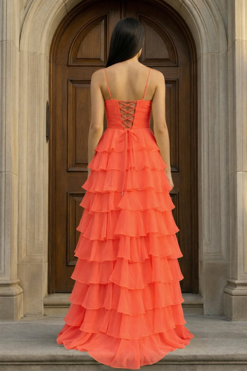 A Line Spaghetti Straps Yellow Long Evening Dress with Ruffles - Curvevia