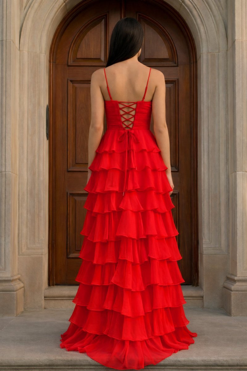 A Line Spaghetti Straps Yellow Long Evening Dress with Ruffles - Curvevia