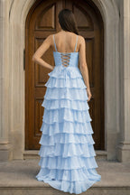 A Line Spaghetti Straps Yellow Long Evening Dress with Ruffles - Curvevia