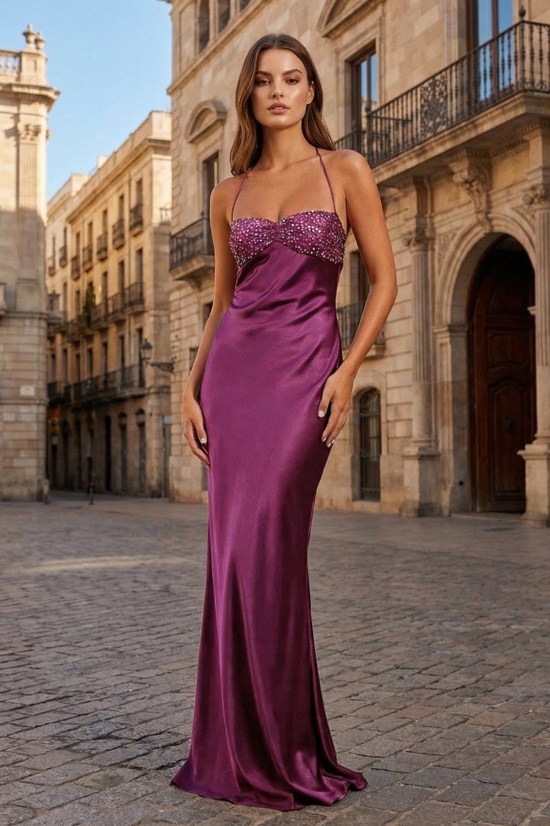 Pink - Halter Sheath Satin Long Prom Dresses With Sequins - Curvevia